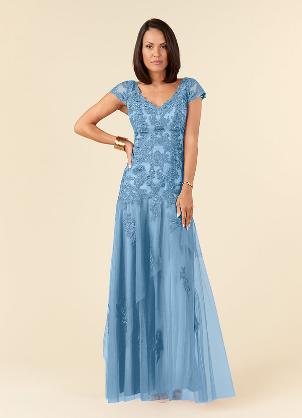 Azazie Romy Mother of the Brides Dresses Steel Blue Mermaid V-Neck Sequins Tulle Dress image1