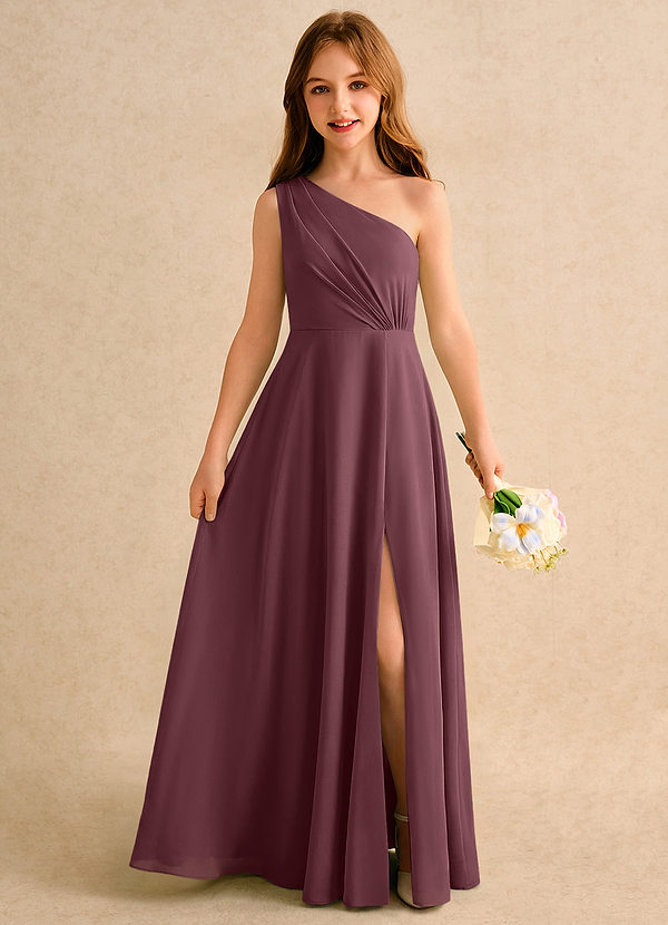 Azazie Puddles Girls Formal Robes de Fillette d'Honneur Robe Trapèze en Mousseline de soie Une épaule Sangria image1