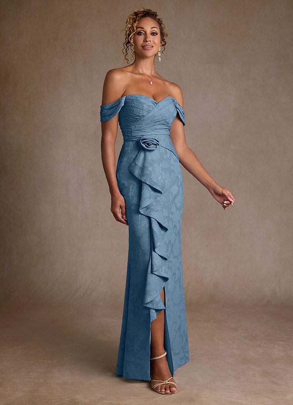 Azazie Irene Moeder van de Bruid Jurken A-Lijn Jurk van Bloemen Burn-out Off the Shoulder Staal Blauw image1
