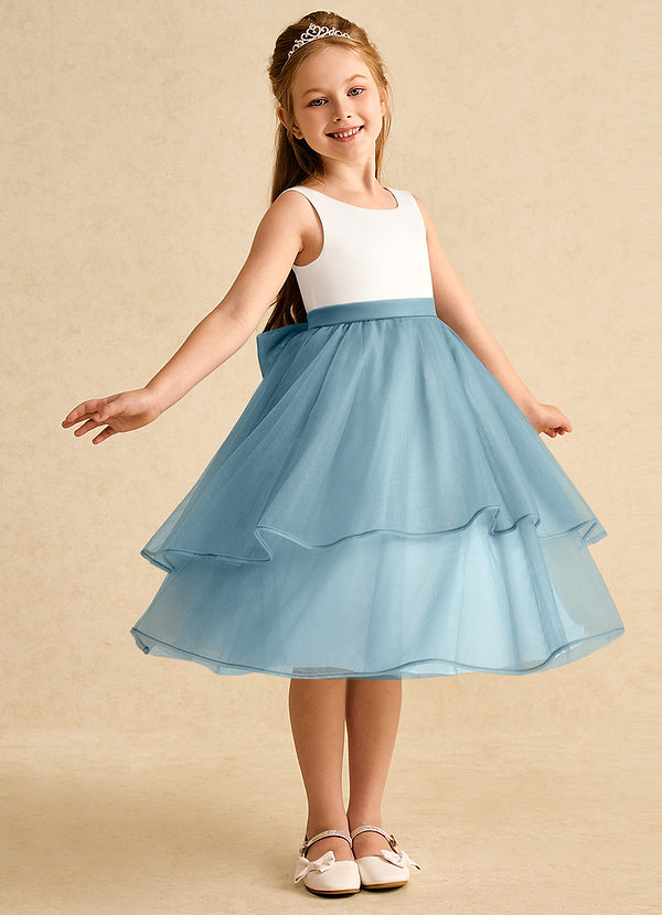 Azazie Rene Flower Girl Dresses Ivory Moody Blue A-Line Bow Tulle Dress image1