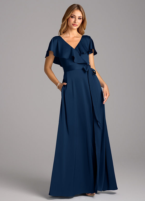Azazie Lainey Robes Demoiselle d'honneur Robe Trapèze en Satin extensible avec poches Bleu Marine Foncé image1