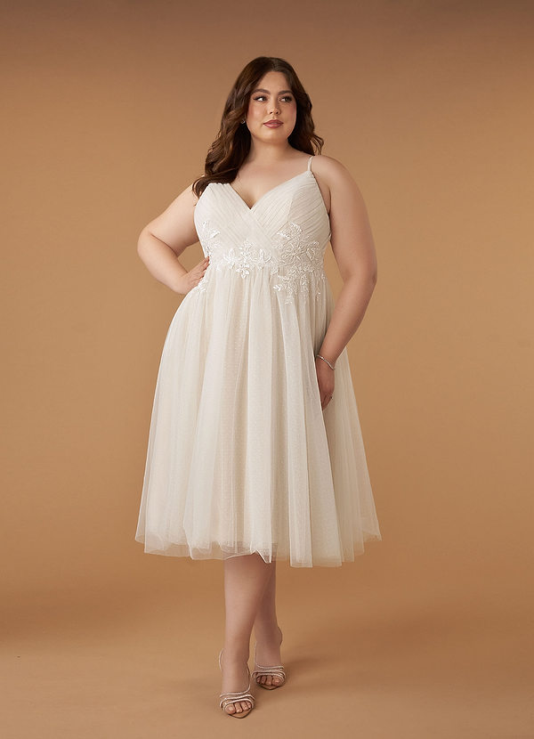 Azazie Liana Wedding Dresses Diamond White Champagne A-Line V-Neck Sequins Tulle Dress image1
