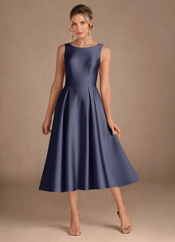 Azazie Fulton Robes de mère de la mariée Robe Trapèze en Satin extensible Plissé Bleu Orageux image1