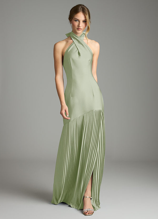 Azazie Nayeli Bruidsmeisjes Jurken Jurk van Stretch Satijn met A-Lijn Geplooid Stoffige Salie image1