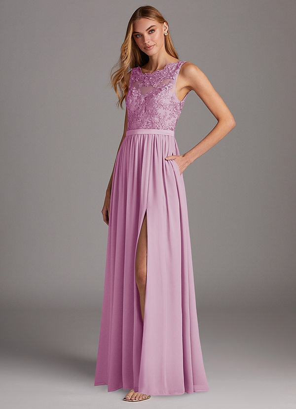 Azazie Elly Abiti da Damigella Abito A-Line in Chiffon Scollo a barchetta in pizzo Rosa Confetto image1