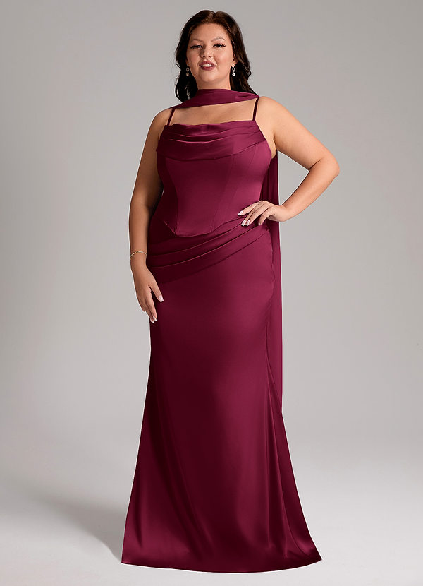 Azazie Sorrel Brautjungfernkleider Wandelbar Meerjungfrau-Linie Schulterfrei Stretch-Satin Kleid Burgunderrot image1