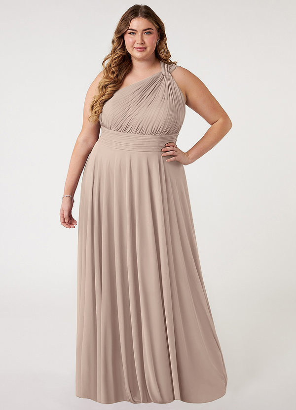 Azazie Charlize Bridesmaid Dresses Taupe A-Line One Shoulder Mesh Dress image1
