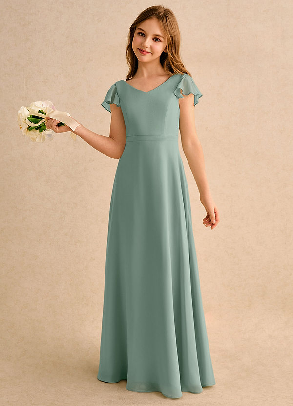 Azazie Nari Girls Formal Flower Girl Dresses Silver Sage A-Line with Sleeves Chiffon Dress image1