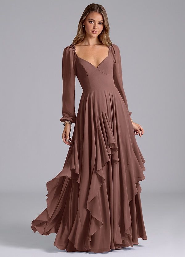 Azazie Karan Bridesmaid Dresses Espresso A-Line Long Sleeve Chiffon Dress image1