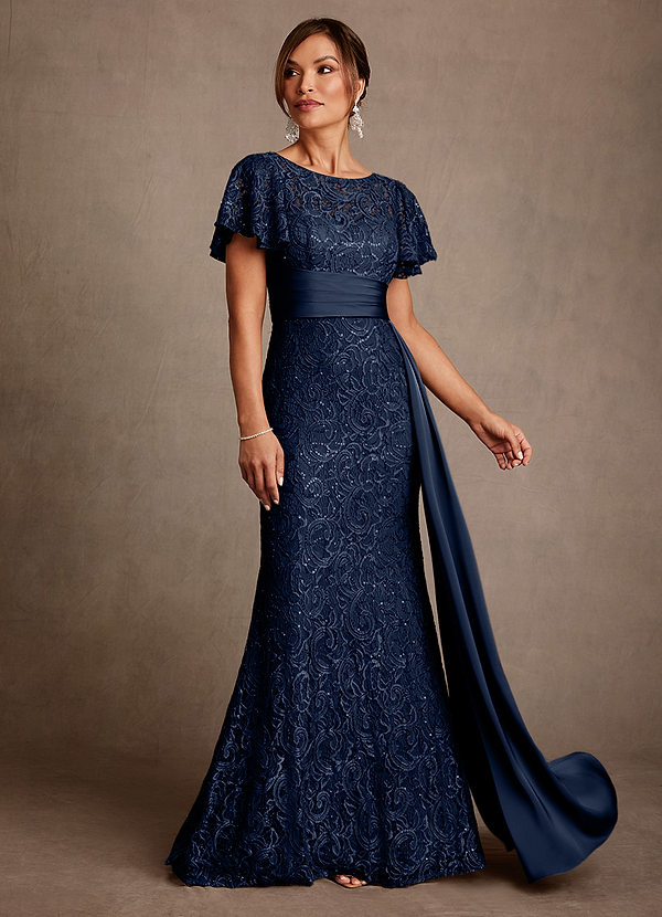 Azazie Harrison Vestidos de Madre de la Novia Vestido de Azul Marino Oscuro de Encaje de Corte Sirena con Plisado image1