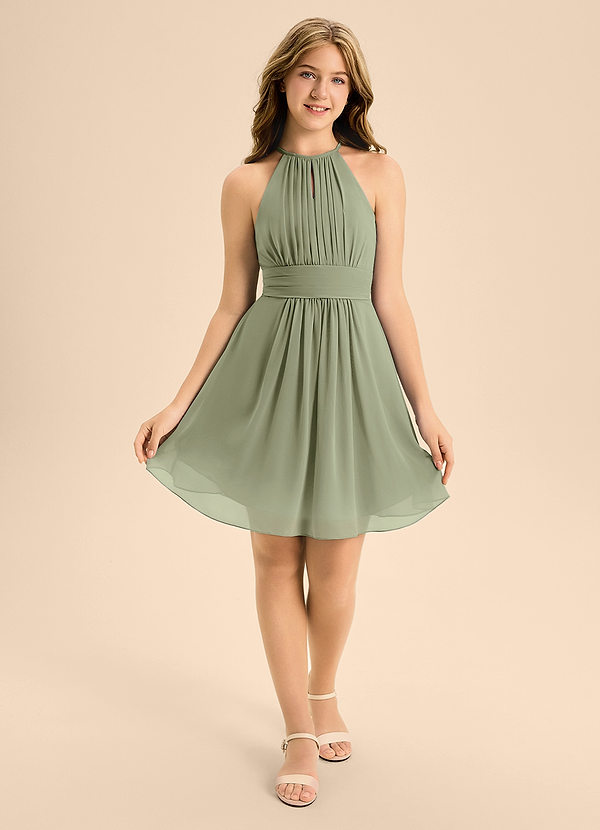 Azazie Bonnie Junior Pistachio A-Line Pleated Chiffon Dress image1
