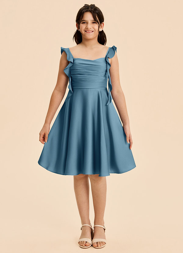 Azazie Kira Junior Vestido de Bermudas de Satén Elástico de Corte en A con Volante image1