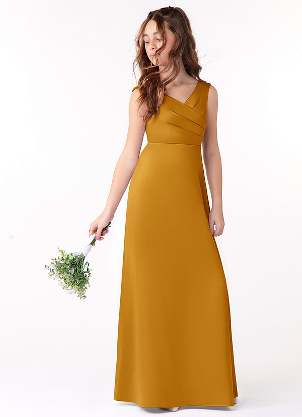 Azazie Sadia Junior Butterscotch A-Line Pleated Stretch Satin Dress image1
