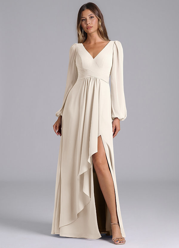 Azazie Liah Bridesmaid Dresses White Alabaster A-Line Long Sleeve Chiffon Dress image1