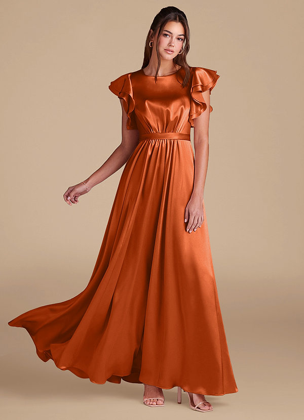 Azazie Daphne Modest Bridesmaid Dresses A-Line Ruched Metallic Satin Floor-Length Dress image1