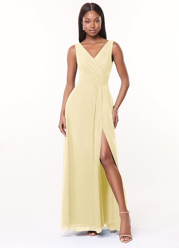 Azazie Karina Bridesmaid Dresses Lemon Sorbet A-Line Pleated Chiffon Dress image1