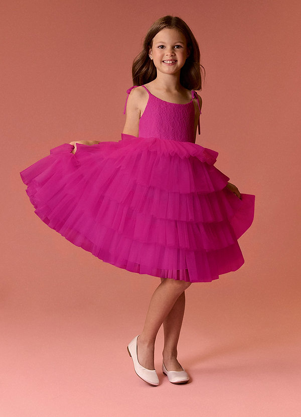 Barbie ♥ Azazie Flower Girl Dresses Scoop Bow Strap Lace Tulle Tier A-Line Dress image1