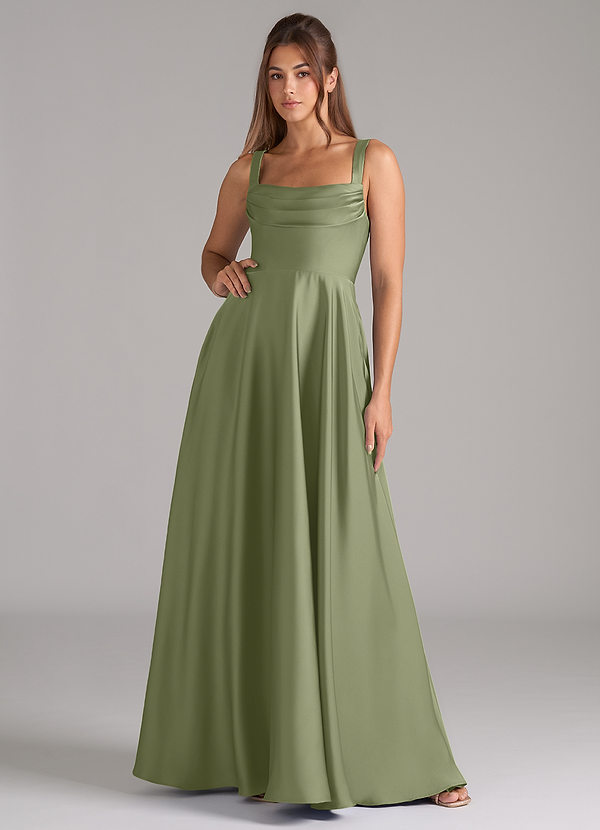 Azazie Shaude Bridesmaid Dresses Garden Sage A-Line Pleated Stretch Satin Dress image1