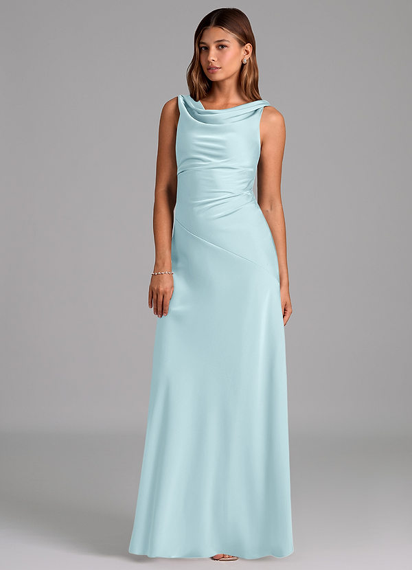 Azazie Nerine Bridesmaid Dresses Cloud Blue A-Line Pleated Stretch Satin Dress image1