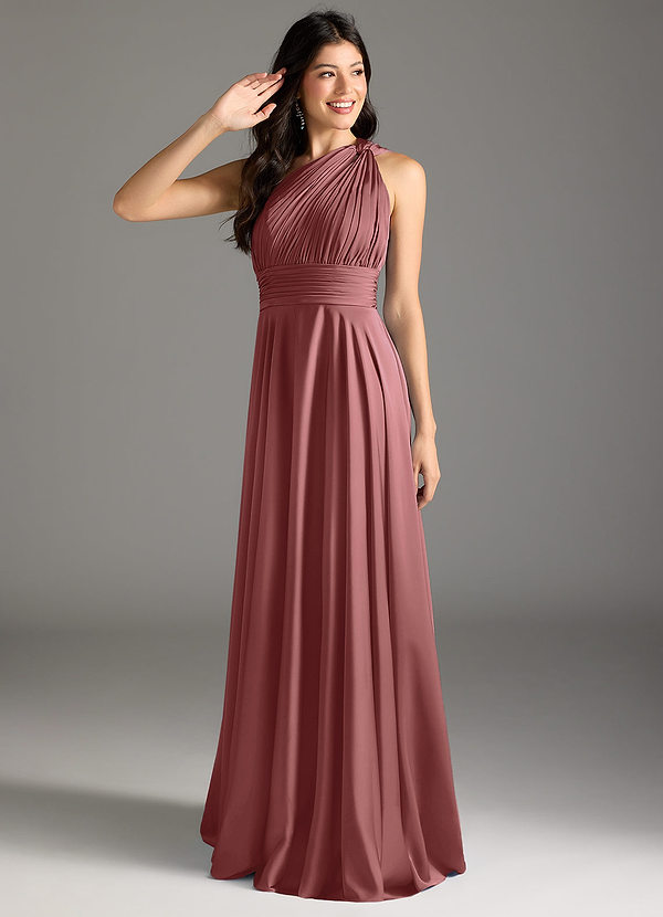 Azazie Charlize Bridesmaid Dresses Amethyst A-Line One Shoulder Stretch Satin Dress image1