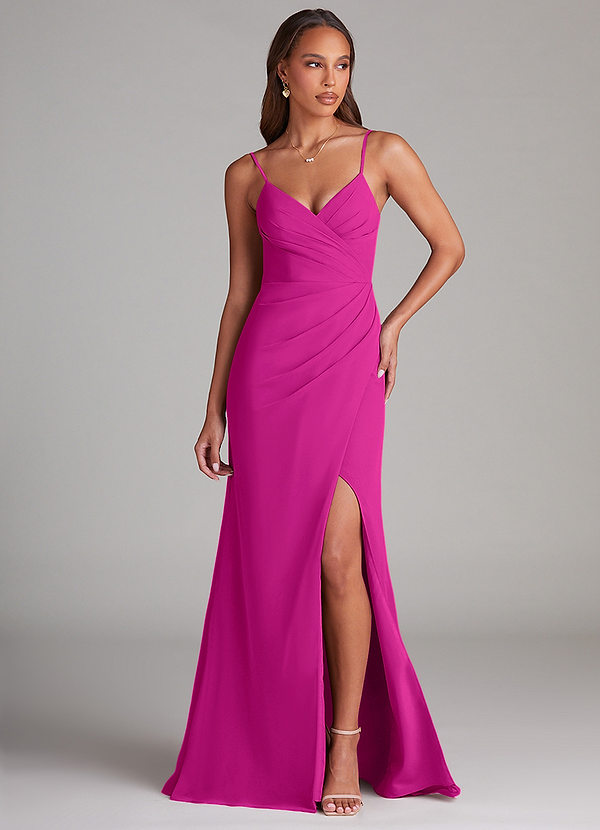 Azazie Maci Robes Demoiselle d'honneur Robe Fourreau en Mousseline de soie Plissée Fuchsia image1