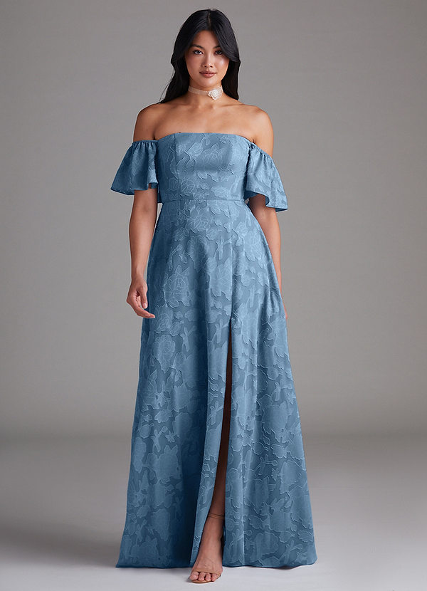 Azazie Sue Bridesmaid Dresses Steel Blue A-Line Off the Shoulder Floral Burnout Convertible Dress image1