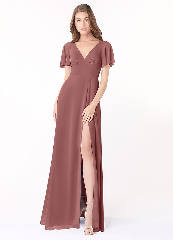 Azazie Kimber Robes Demoiselle d'honneur Robe Trapèze en Mousseline de soie Manches à volants Rose Du Désert image1