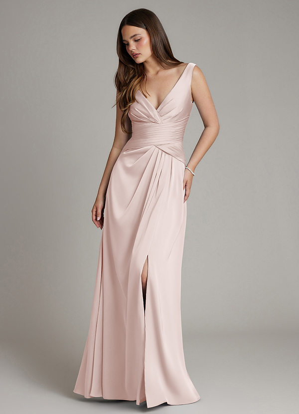 Azazie Pauline 신부 들러리 드레스 A라인 주름진 스트레치 새틴 바닥 길이 드레스 image1