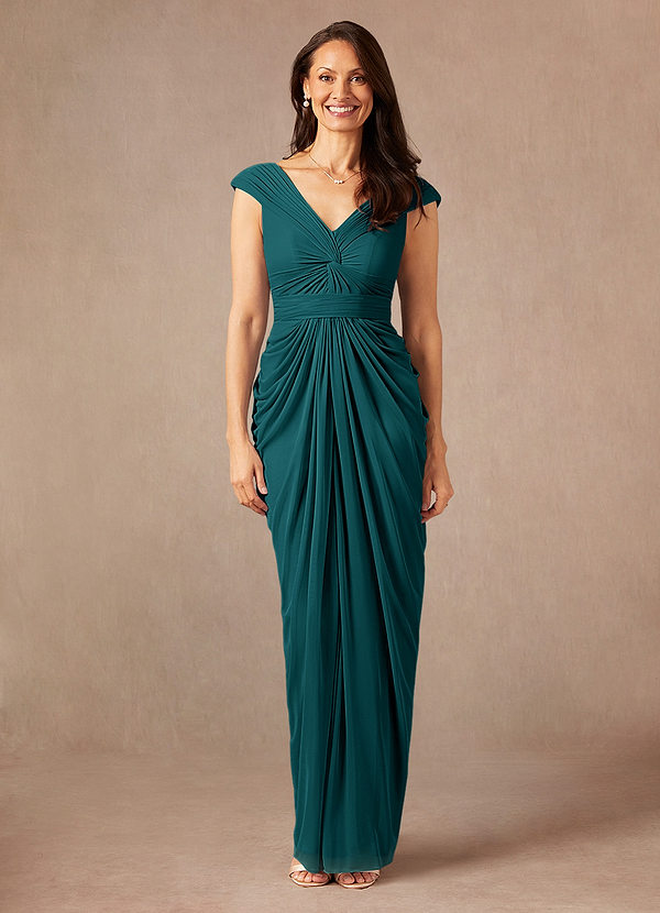 Azazie Lisolette Mother of the Brides Dresses Peacock Sheath Pleated Mesh Dress image1