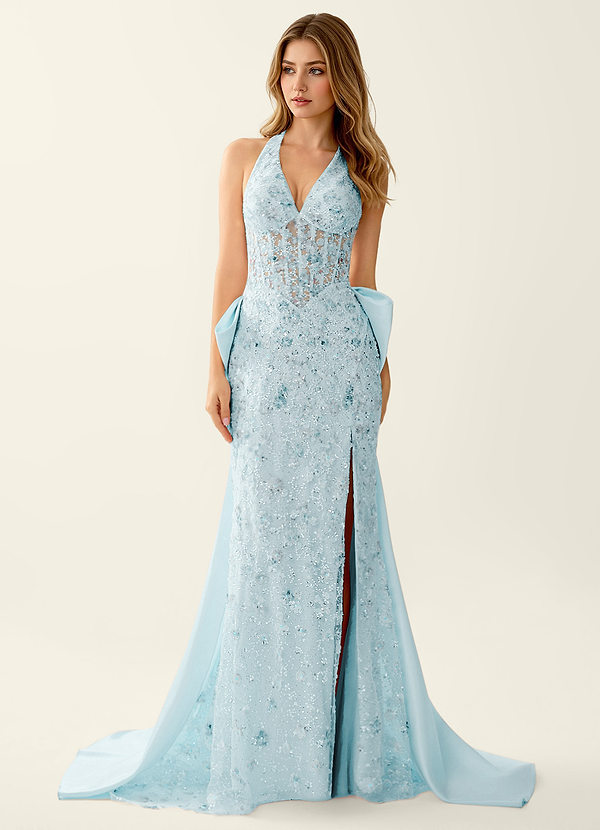 Zahra Sky Blue Sparkly V-neck Mermaid Lace Up Back Prom Dress image1
