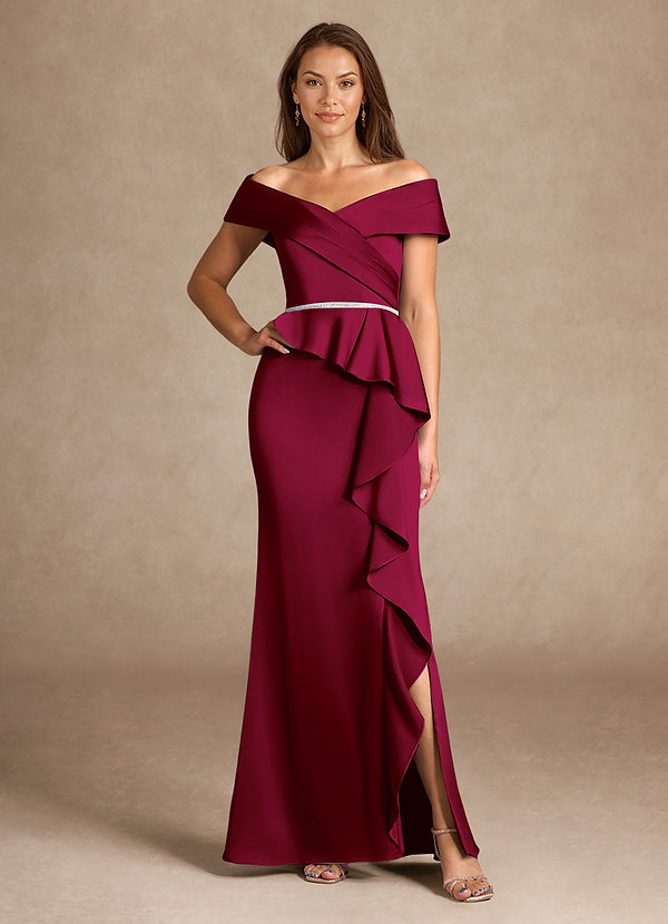 Azazie Dareia Mother of the Brides Dresses Burgundy Mermaid Off the Shoulder Stretch Satin Dress image1