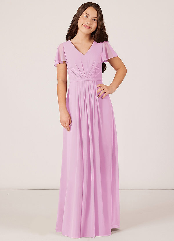 Azazie Peony Junior Vestido de Rosa Caramelo de Gasa de Corte en A con Plisado image1