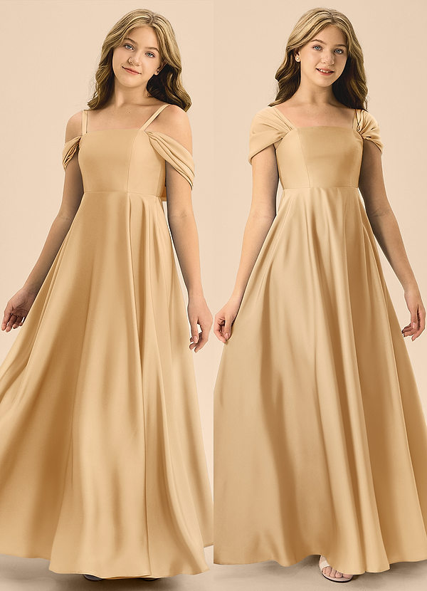 Azazie Rowena Junior Gold A-Line Bow Stretch Satin Dress image1