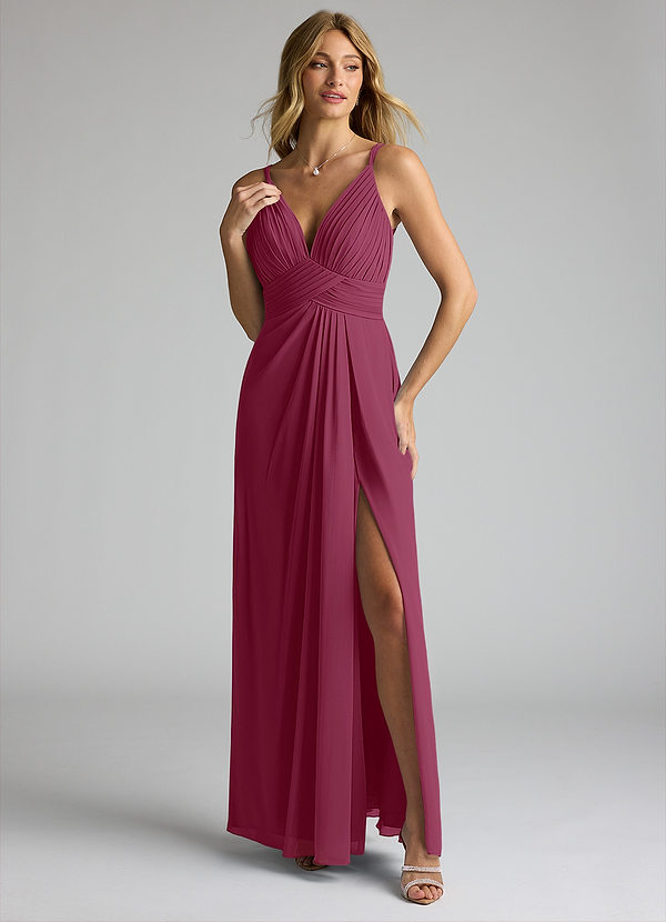 Azazie Maren Allure Brautjungfernkleider A-Linie V-Hals Spitze Chiffon Kleid Maulbeerrot image1