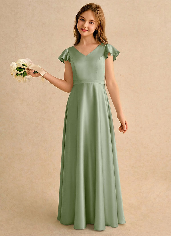 Azazie Nari Girls Formal Robes de Fillette d'Honneur Robe Trapèze en Satin extensible avec manches Vert Sauge image1