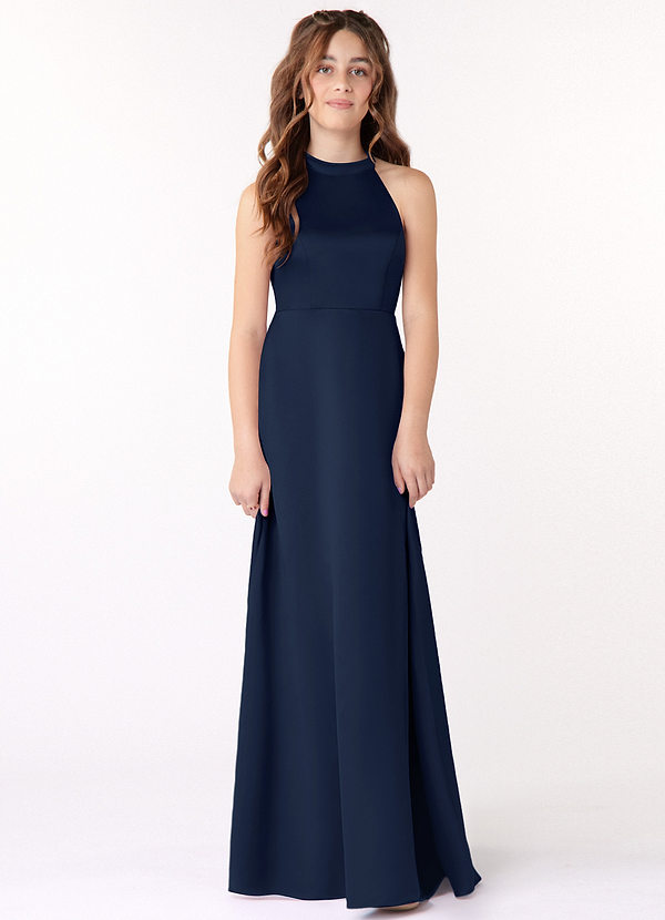 Azazie Laurel Junior Dark Navy A-Line Matte Satin Dress image1
