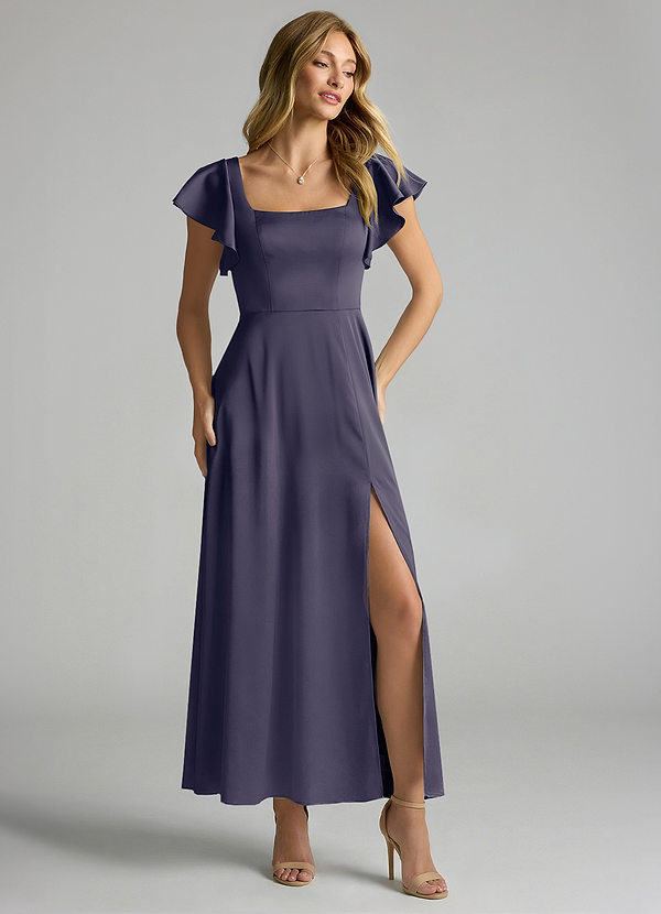 Azazie Bondi 신부 들러리 드레스 A라인 셔링 스트레치 새틴 발목 길이 드레스 image1