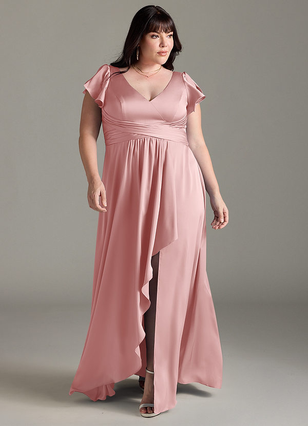 Azazie Omari Vestidos Dama de Honor Vestido de Rosa Empolvado de Satén Elástico de Corte en A image1