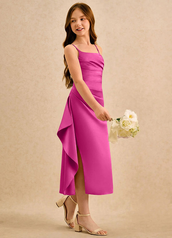 Azazie Canna Girls Formal Sukienki dla dziewczynek sypiących kwiaty Linia A Pofałdowany Satyna elastyczna Długość herbaty Sukienka image1