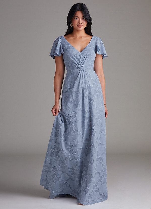 Azazie Soren Bridesmaid Dresses Dusty Blue A-Line Pleated Floral Burnout Dress image1