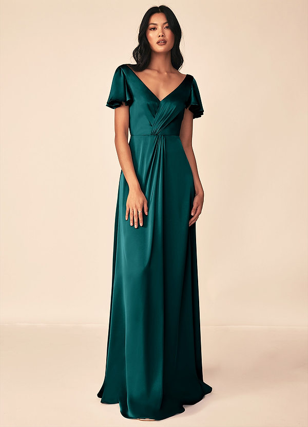 Azazie Soren Bridesmaid Dresses Peacock A-Line Pleated Stretch Satin Dress image1