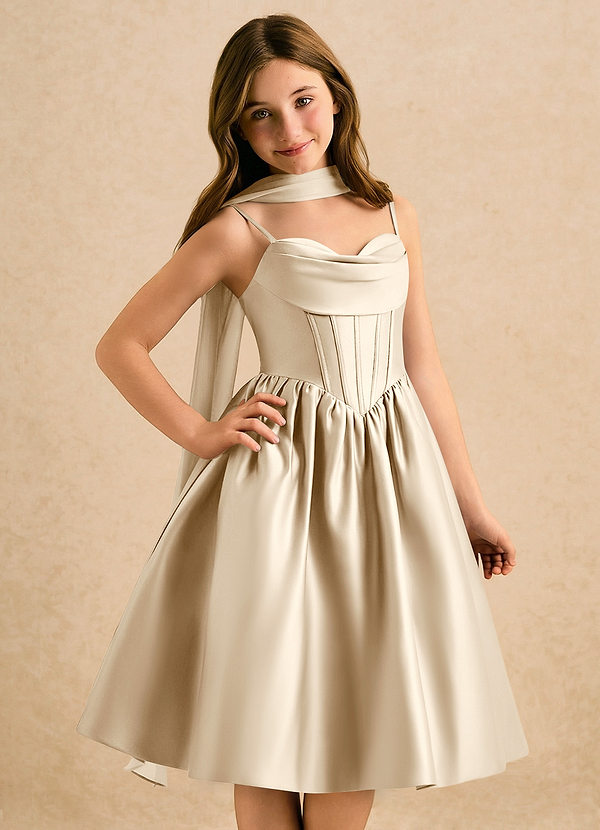 Azazie Shona Girls Formal Bloemenmeisjes Jurken A-Lijn Jurk van Mat Satijn Sweetheart Halslijn Champagne image1