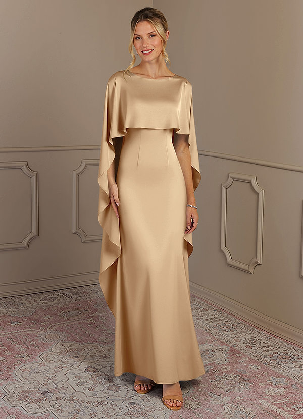 Azazie Eli Mother of the Brides Dresses Champagne Sheath Boatneck Stretch Satin Dress image1
