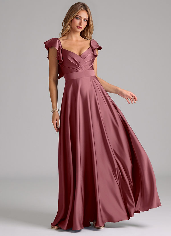 Azazie Leilani Bridesmaid Dresses Desert Rose A-Line Ruched Stretch Satin Dress image1