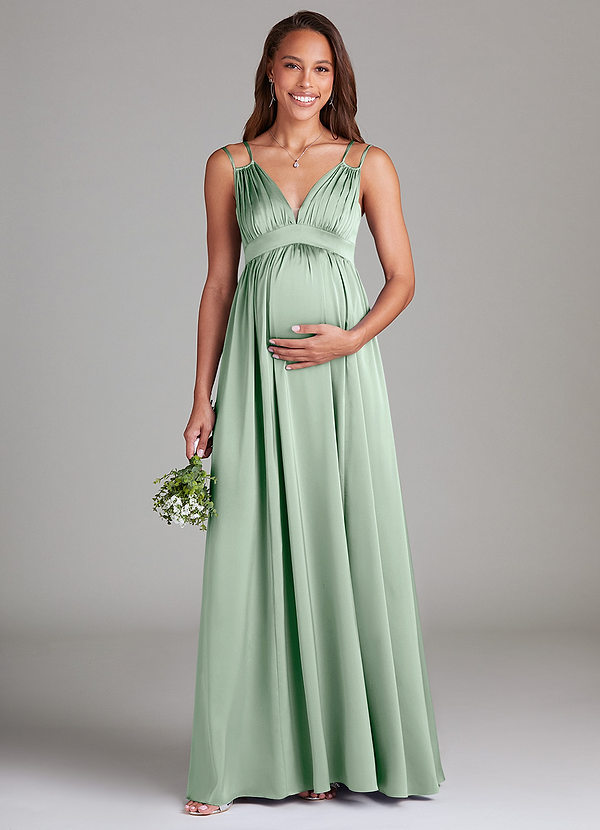 Azazie Emree Vestidos de dama de honor de maternidad Vestido de Corte En A Con bolsillos Hasta el suelo Satén Elástico image1