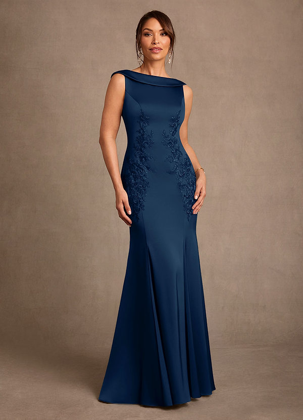 Azazie Franny Mother of the Brides Dresses Dark Navy Sheath Lace Stretch Satin Dress image1