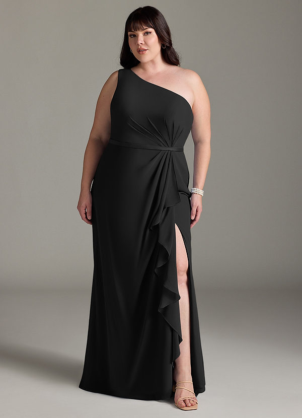 Azazie Liza Bridesmaid Dresses Black Mermaid One Shoulder Chiffon Dress image1