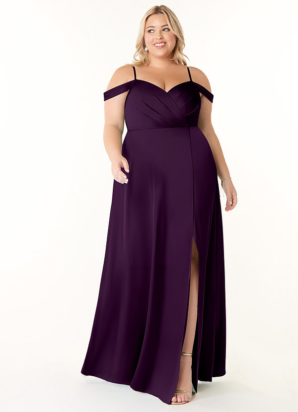 Azazie Ocean Bridesmaid Dresses Grape A-Line V-Neck Pleated Stretch Satin Dress image1