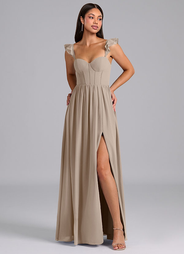 Azazie Denisse Bridesmaid Dresses Taupe A-Line Ruched Chiffon Dress image1