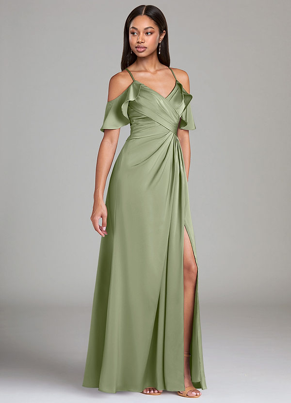 Azazie Dakota Brudtärneklänningar Klänning av A-linje i Stretch Satin Off the shoulder Pistasch image1